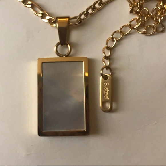 Mother Pearl Rectangle Iridescent Shell Gold Stainless Steel Geometric Necklace - Picture 17 of 17